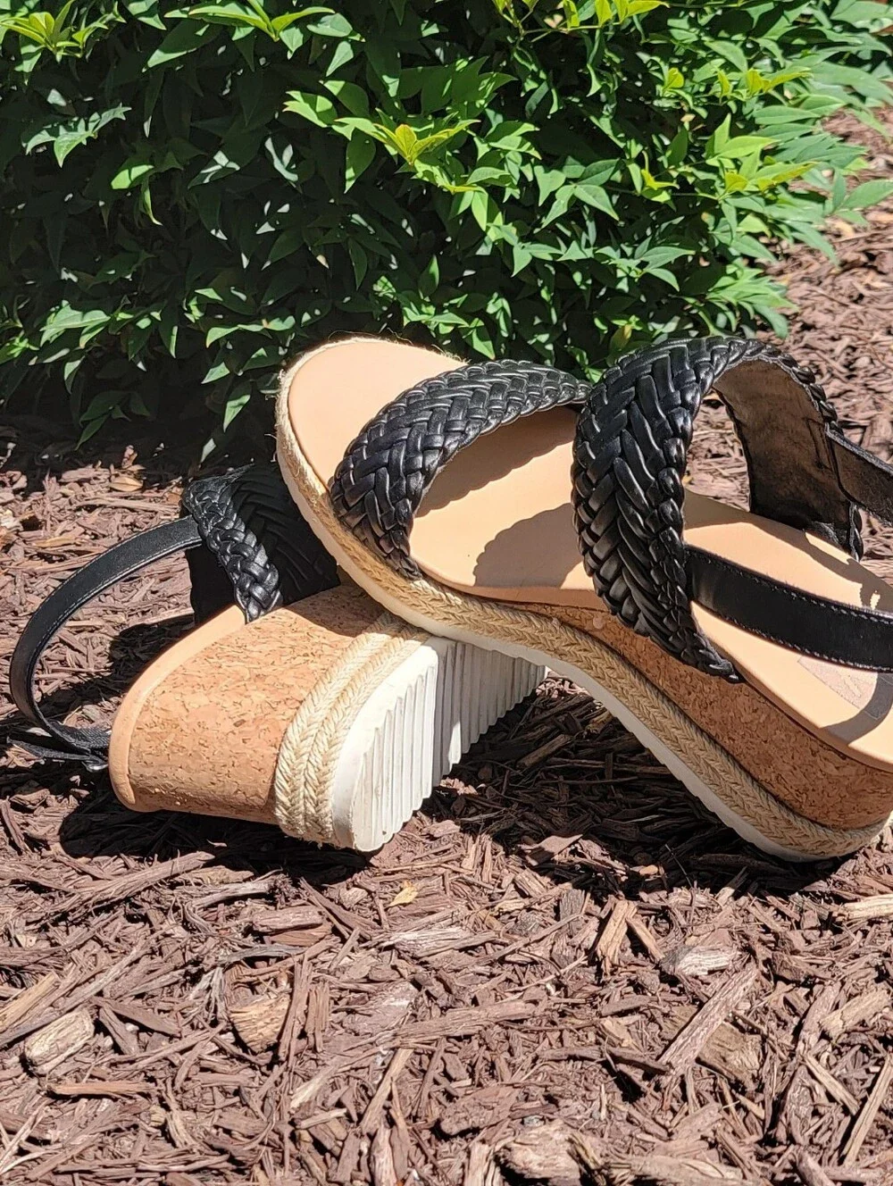 Woven Strap Wedge Sandals - Black